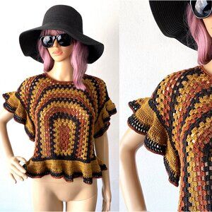 Crochet Knit Top Boho Chic Ruffled Crop Sweater Groovy Hippie Bohemian ZARA M